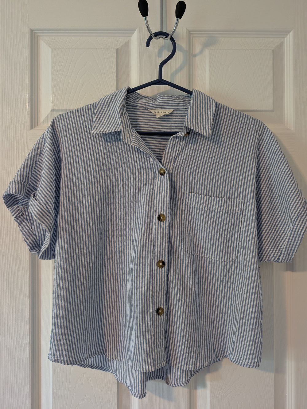 Aeropostale Blue and White Striped Button-Down Cropped Shirt